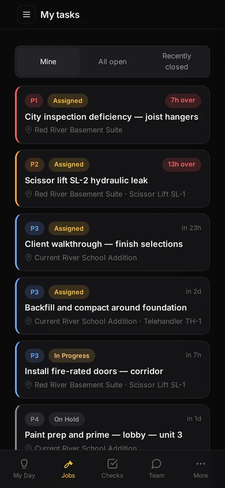The Dispatchen field app showing a crew member's job list