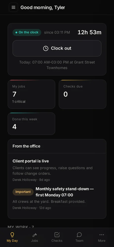 The Dispatchen field app showing a crew member's day and clock-in